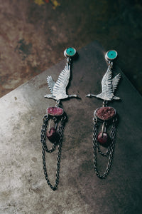 Wild Geese Earrings -- Turquoise, Cobalto Calcite and Ruby