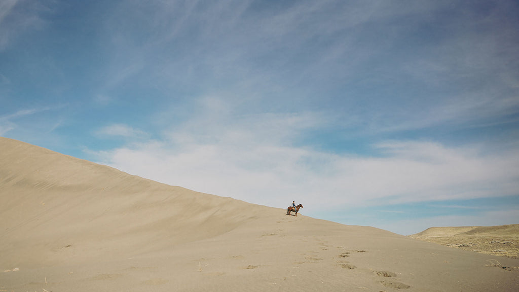 Woman on a brown horse in the distance, riding in the sand dunes.