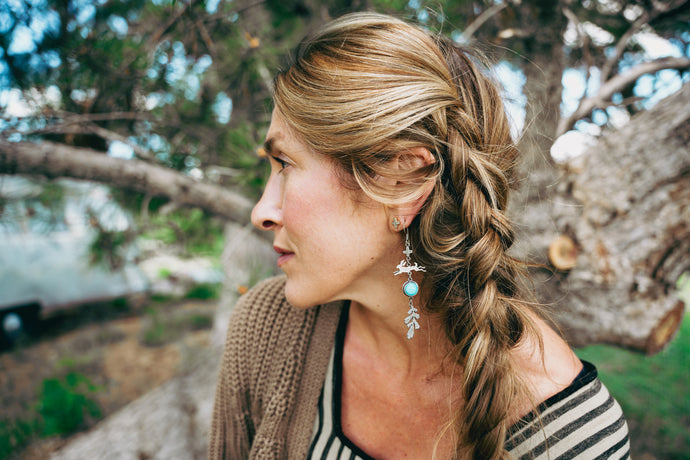 Peace Earrings -- Ithaca turquoise, blue opal petrified wood and mabe pearls