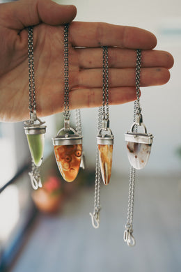 Mind Your Tongue Necklaces -- Agates and Chrysoprase