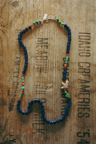 Beadstrand -- Lapis Coral Turquoise and Ancient Chicken Bead -- Hand Knotted Silk