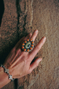 Cluster Ring -- Lone Eagle Variscite and Coral -- Size 7