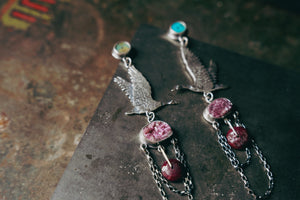 Wild Geese Earrings -- Ruby, Turquoise and Cobalto Calcite
