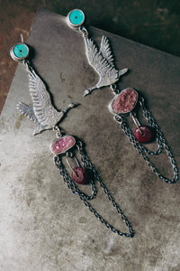 Wild Geese Earrings -- Turquoise, Cobalto Calcite and Ruby