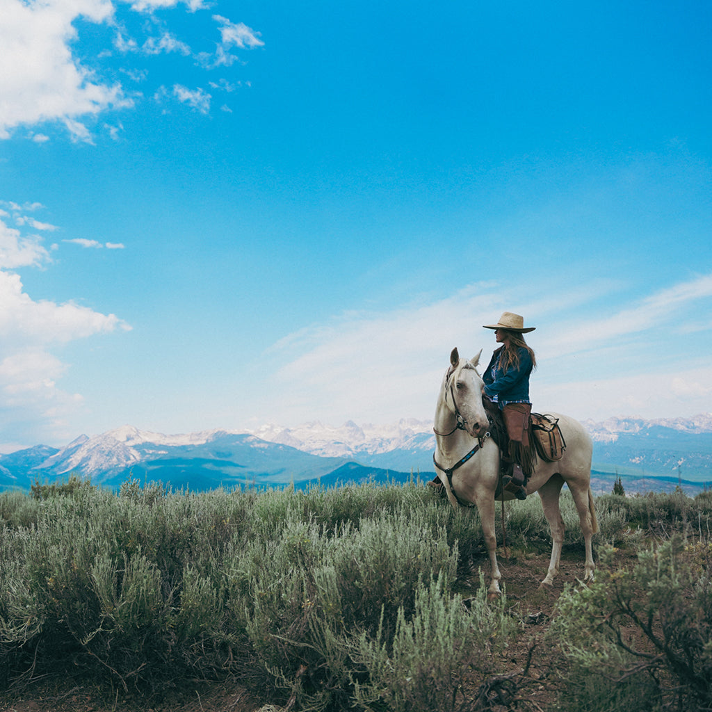 Woman in a cowboy hat riding a white horse in the high desert plateau. Bright blue sky and mountains in the distance.