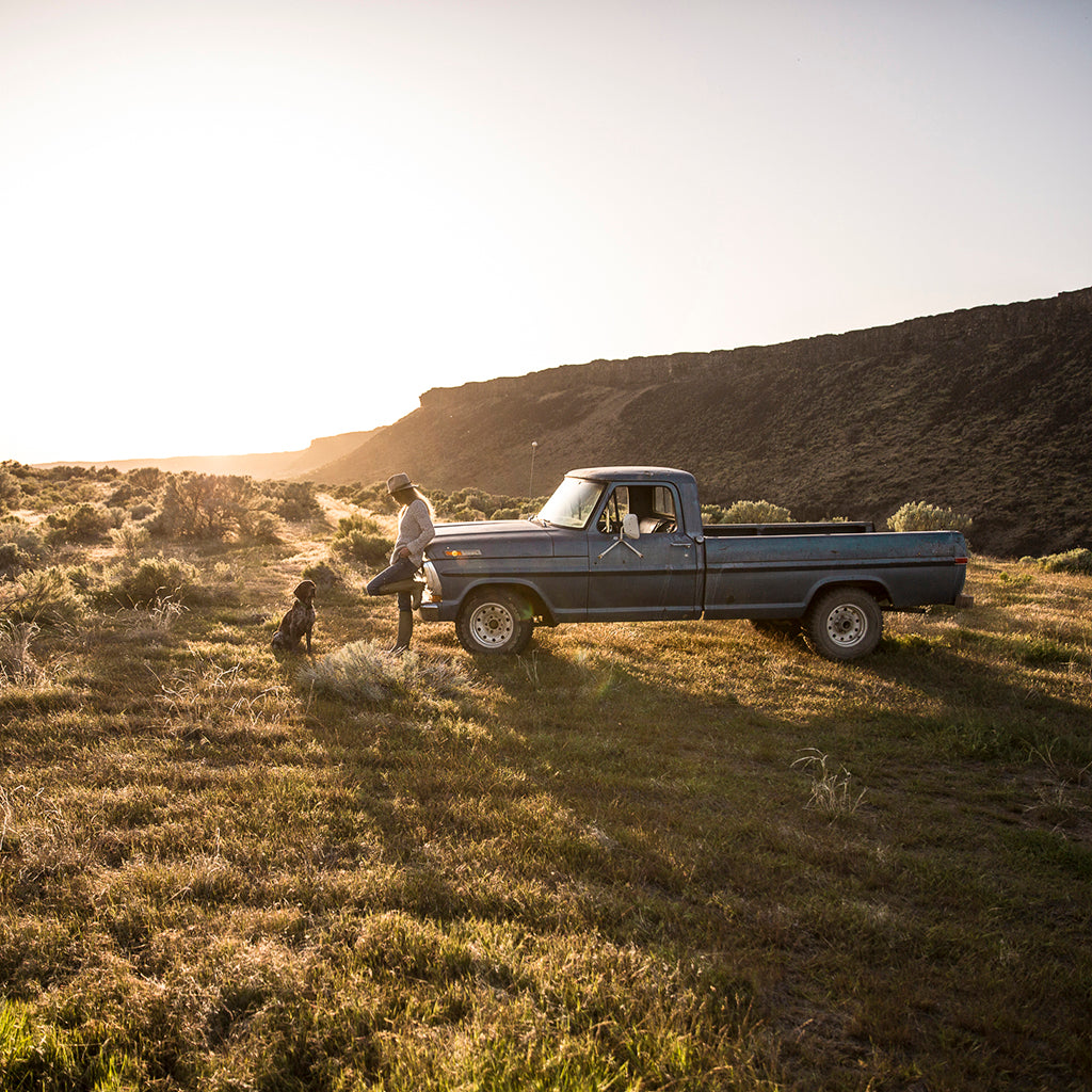 Woman in cowboy hat standing next to a vintage pickup truck in a desert landscape with her dog nearby.