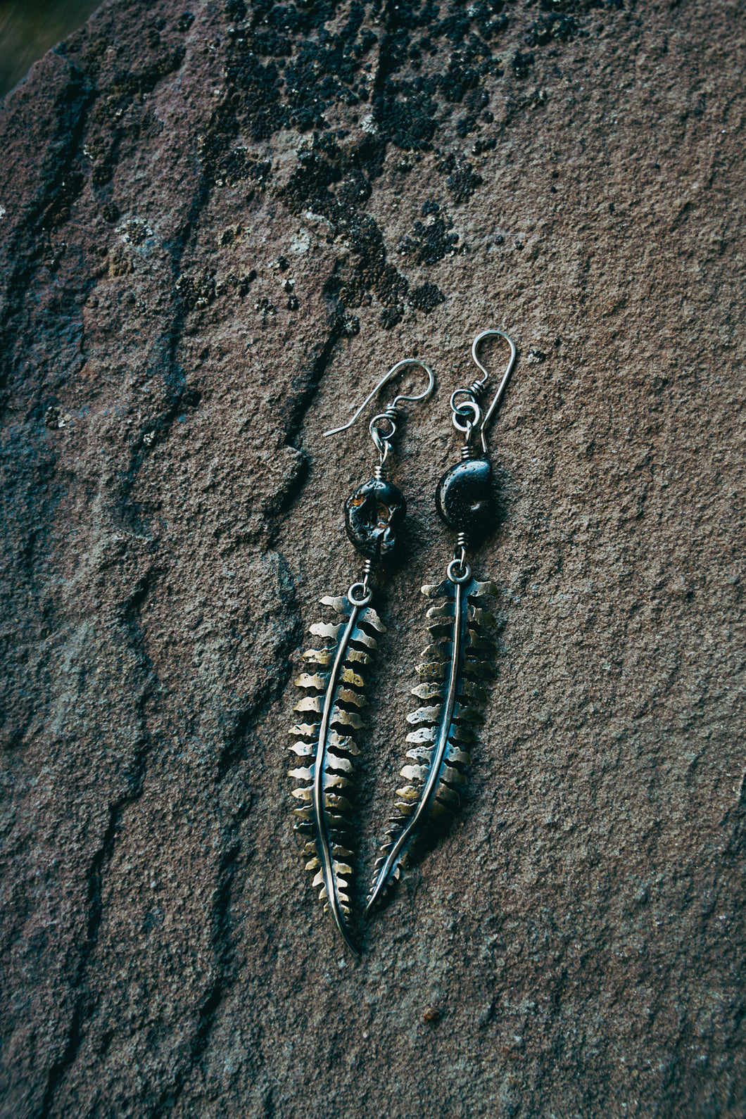 Fern Earrings -- Ammonite and Brass