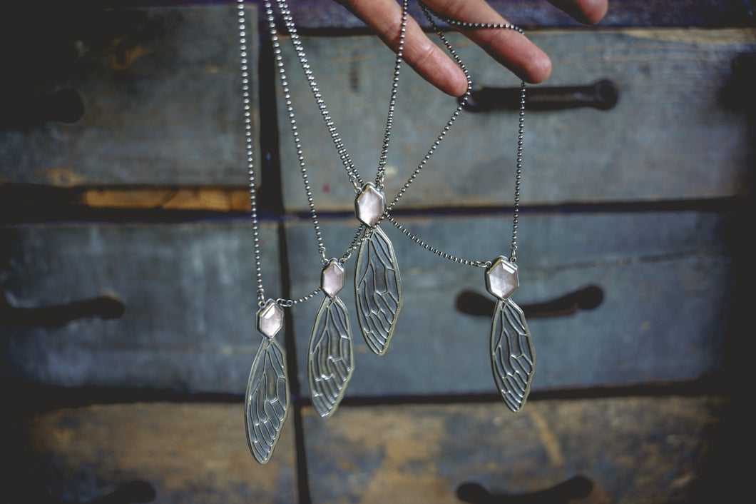 Glass Wing Necklace -- Rose Quartz