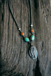 Feather and Prayer Necklace -- Variscite and Coral